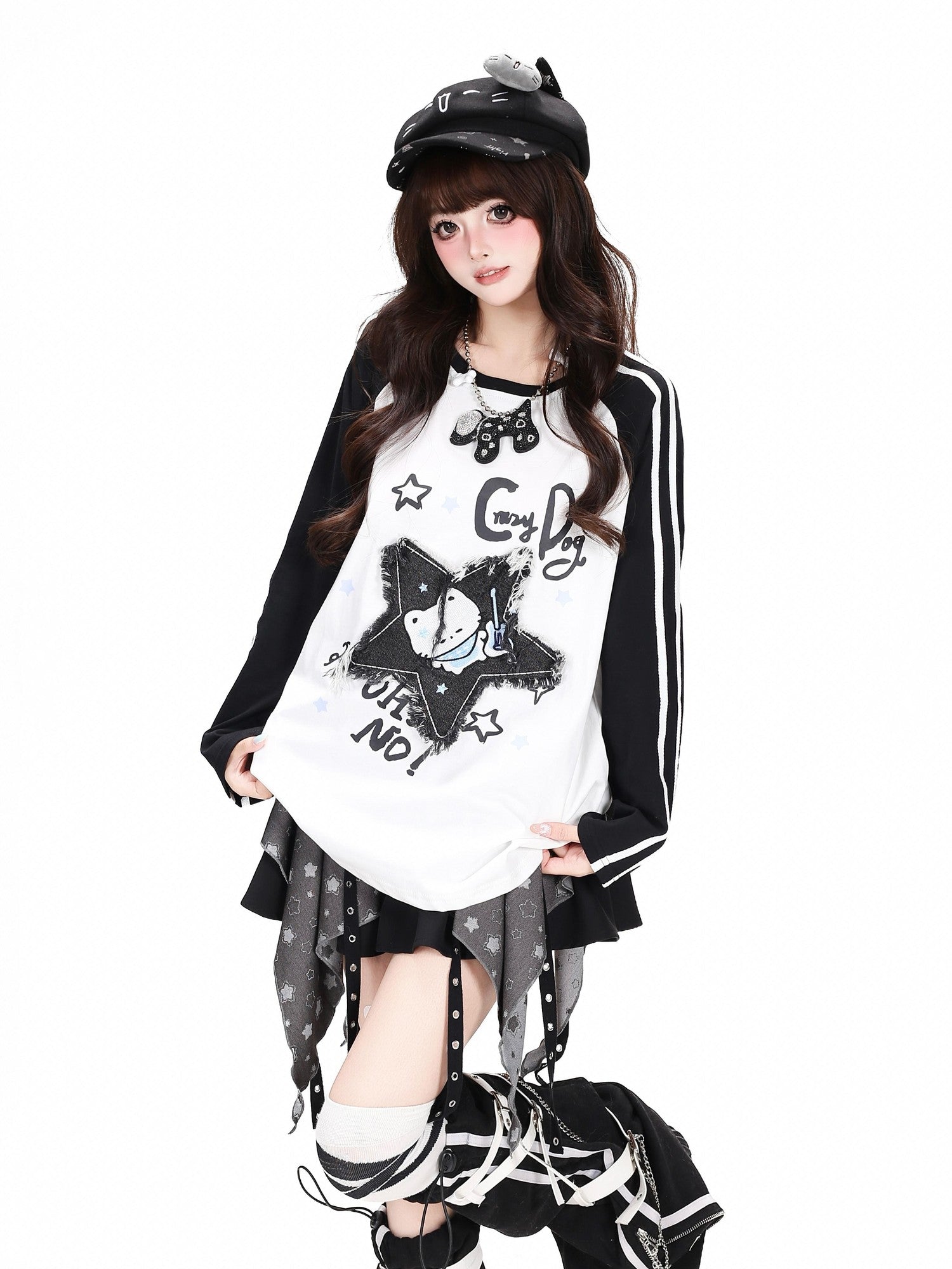 Crazy Girl Colorblock Star Cat Patch Raglan Cropped Women&