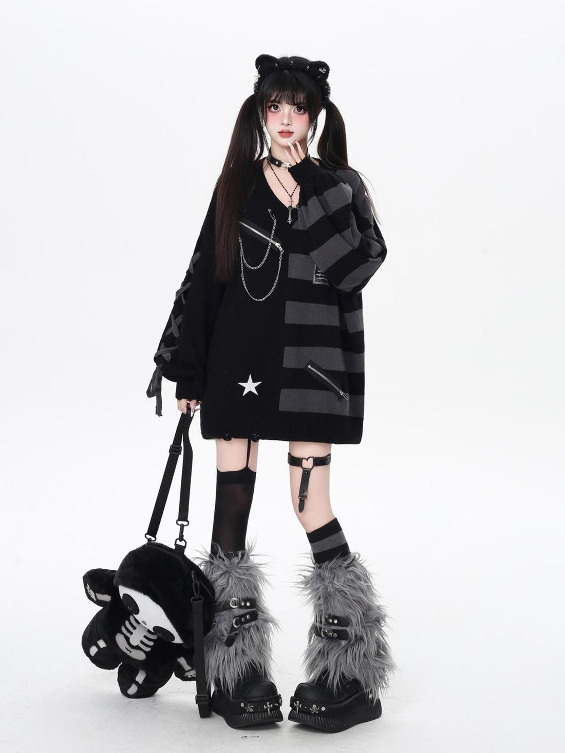 Crazy Girl Colorblock Striped V-neck Lantern Sleeves Women&