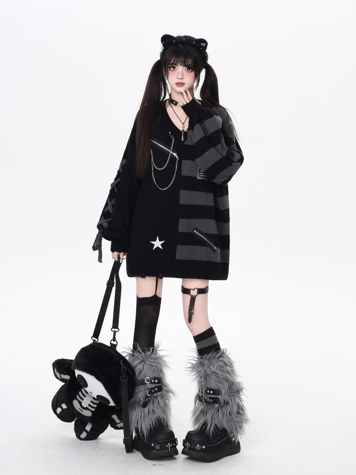 Crazy Girl Colorblock Striped V-neck Lantern Sleeves Women&