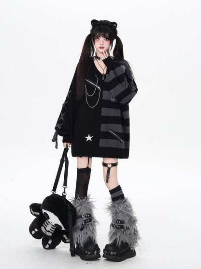 Crazy Girl Colorblock Striped V-neck Lantern Sleeves Women&