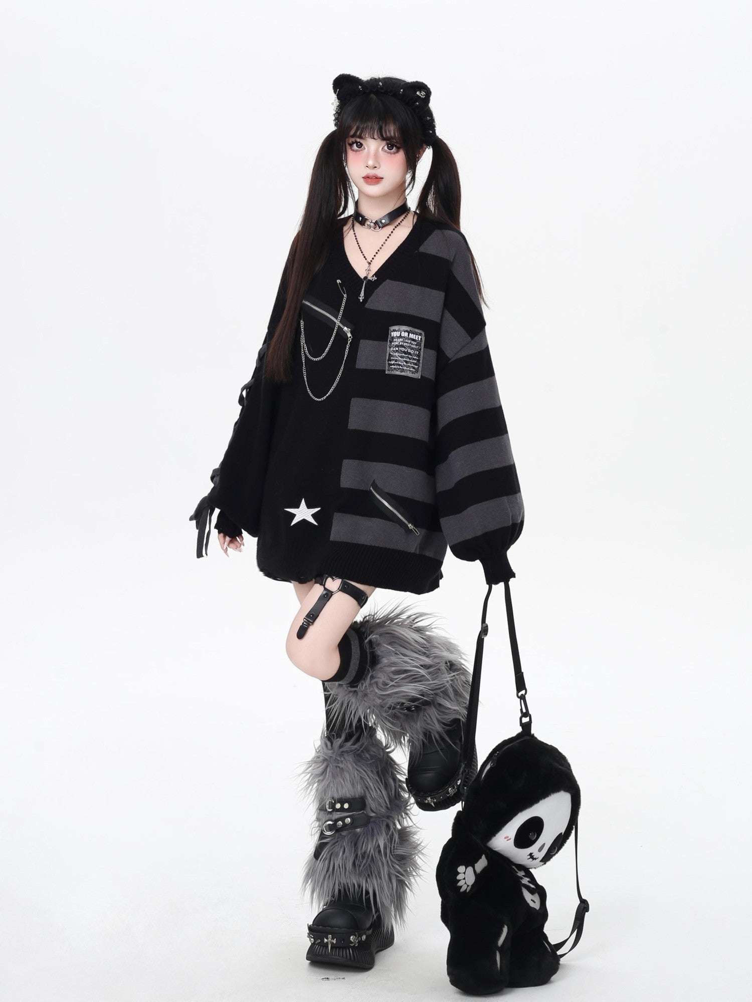 Crazy Girl Colorblock Striped V-neck Lantern Sleeves Women&