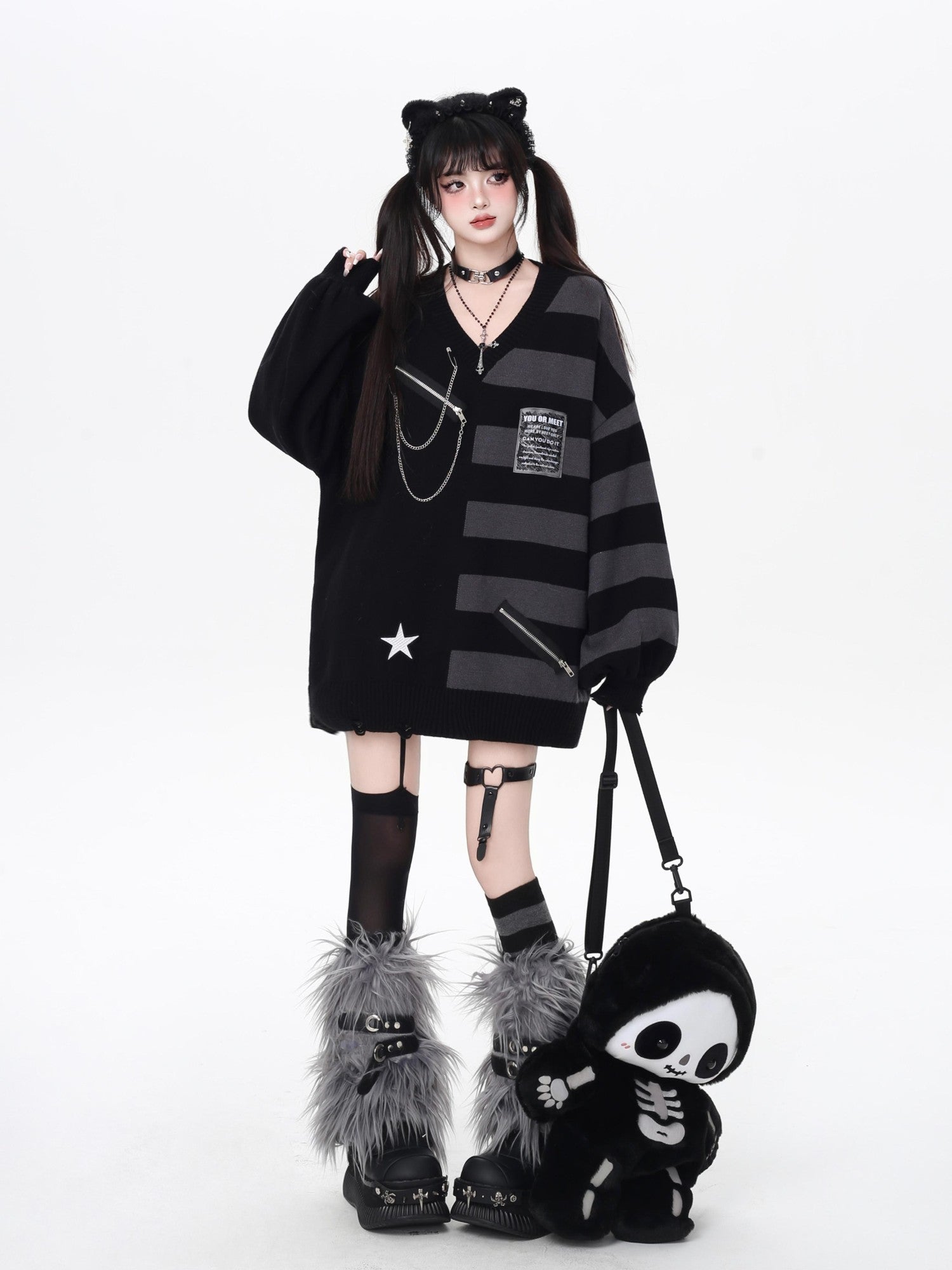 Crazy Girl Colorblock Striped V-neck Lantern Sleeves Women&