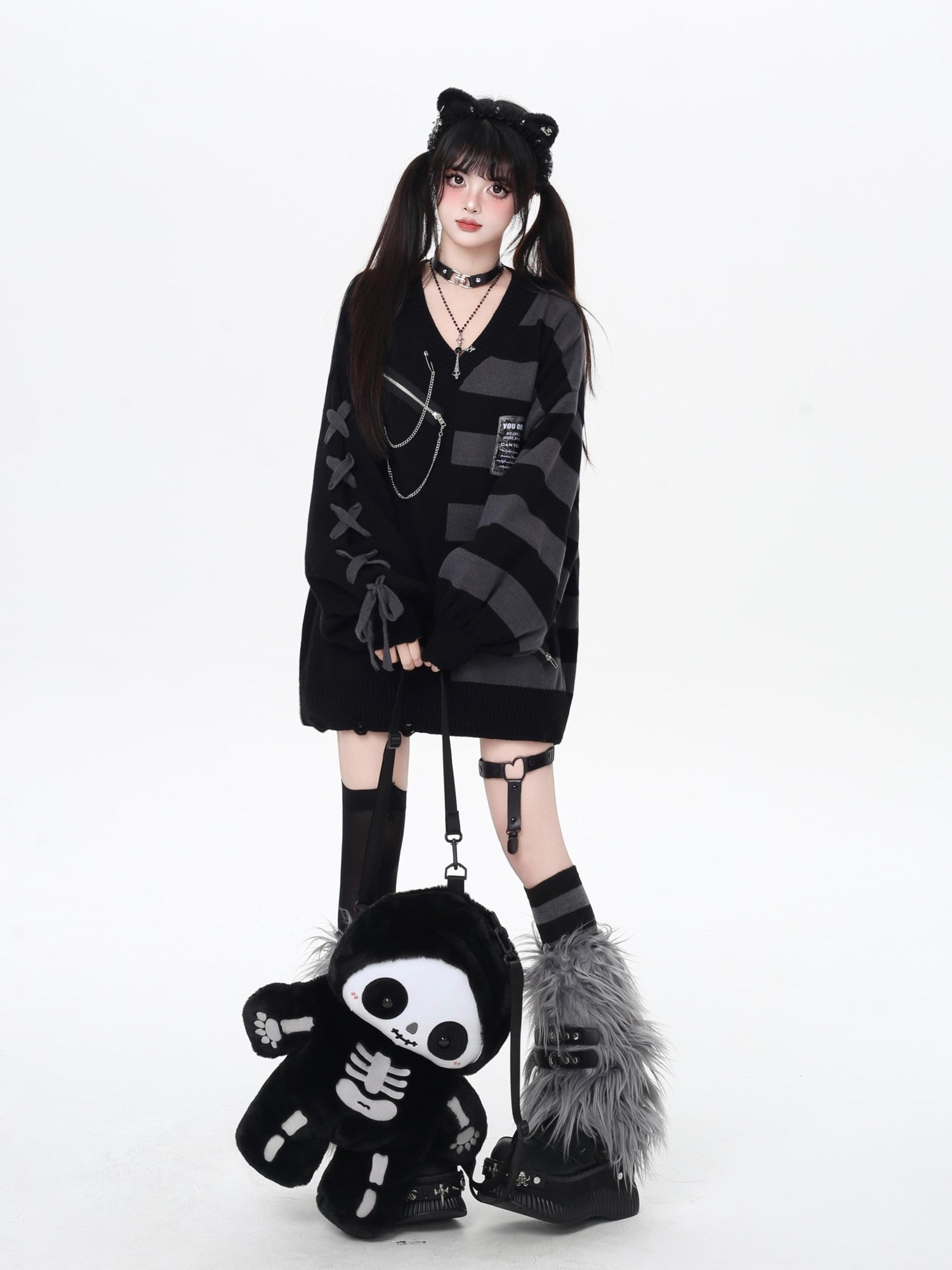 Crazy Girl Colorblock Striped V-neck Lantern Sleeves Women&