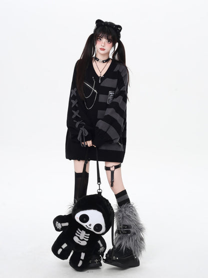 Crazy Girl Colorblock Striped V-neck Lantern Sleeves Women&