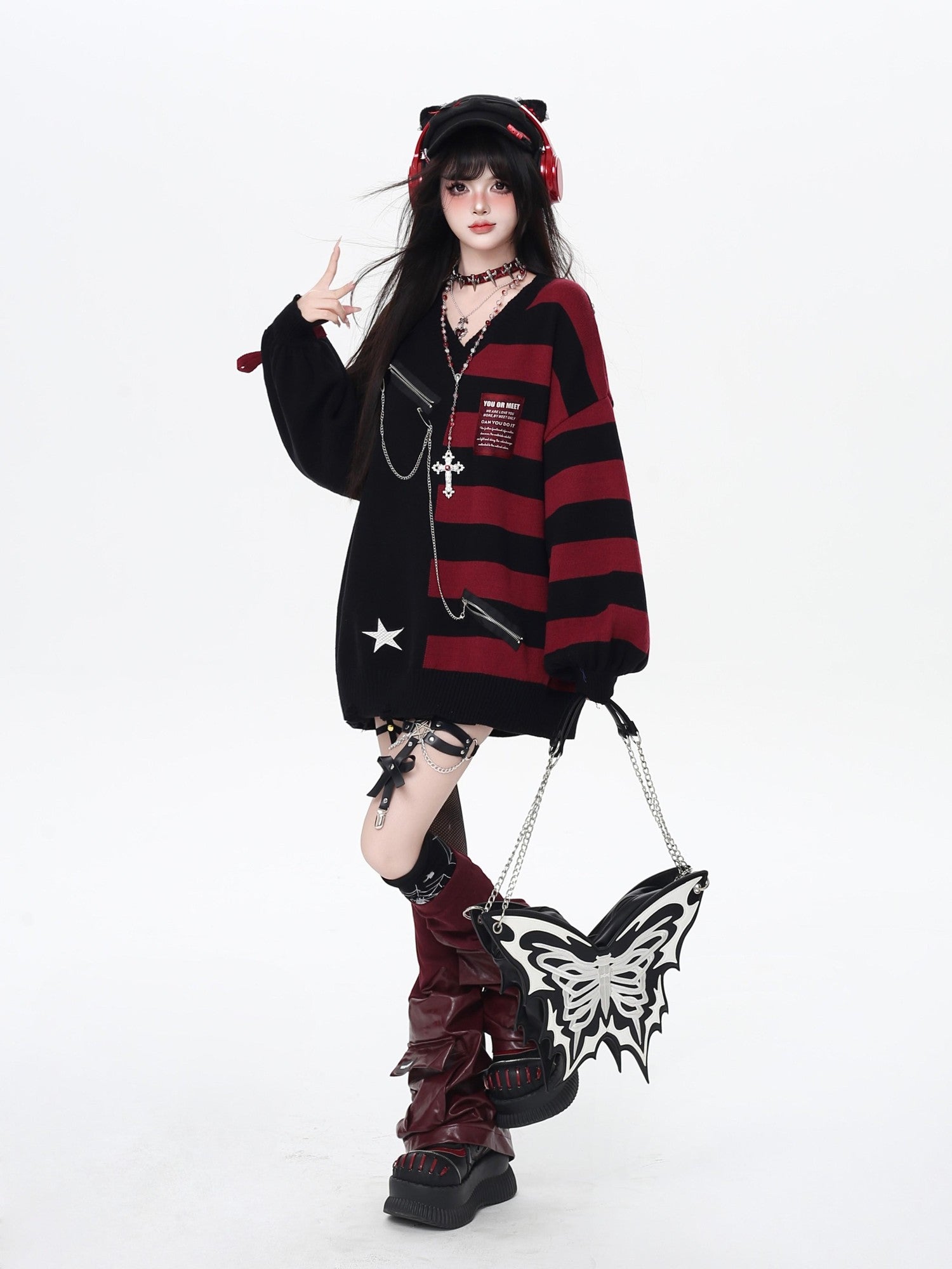 Crazy Girl Colorblock Striped V-neck Lantern Sleeves Women&
