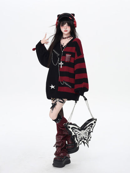 Crazy Girl Colorblock Striped V-neck Lantern Sleeves Women&