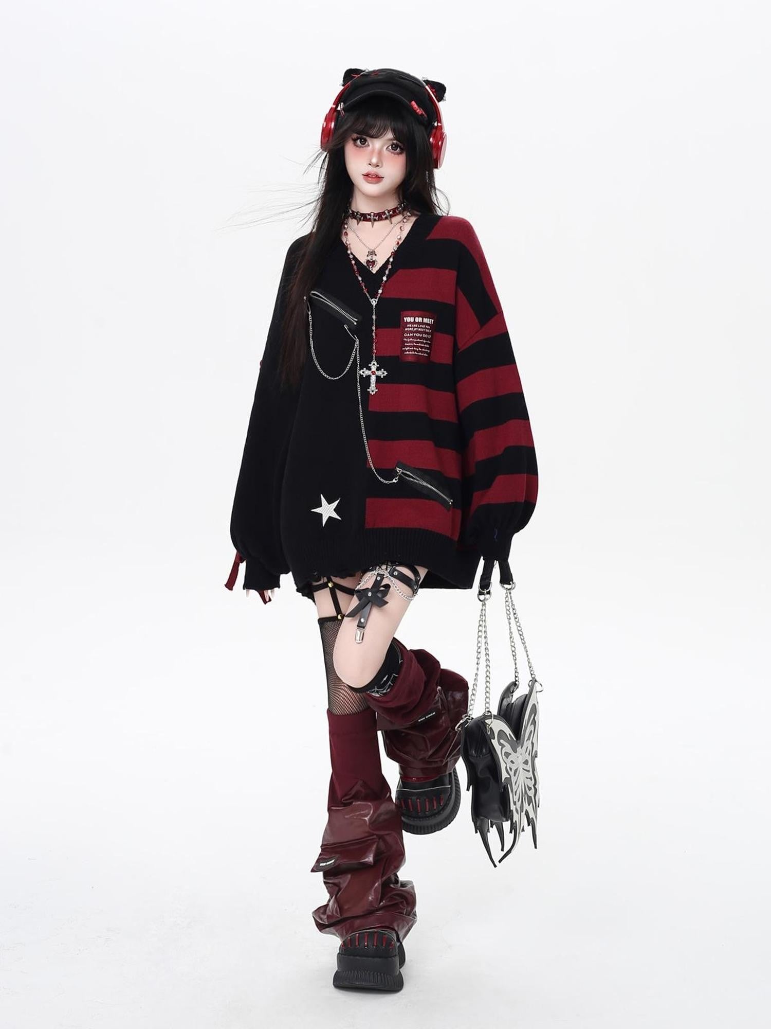 Crazy Girl Colorblock Striped V-neck Lantern Sleeves Women&