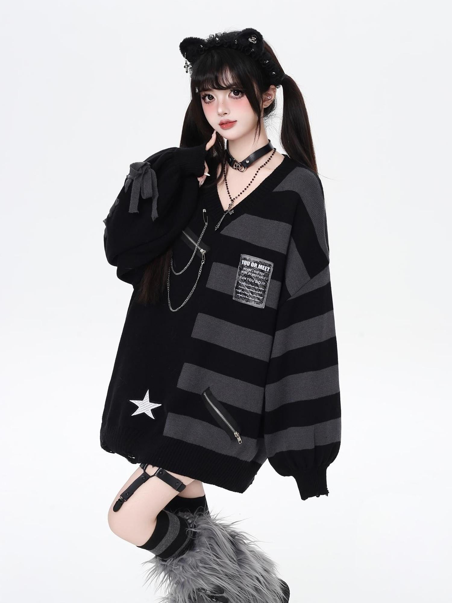 Crazy Girl Colorblock Striped V-neck Lantern Sleeves Women&