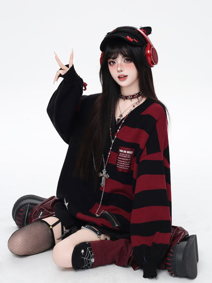 Crazy Girl Colorblock Striped V-neck Lantern Sleeves Women&
