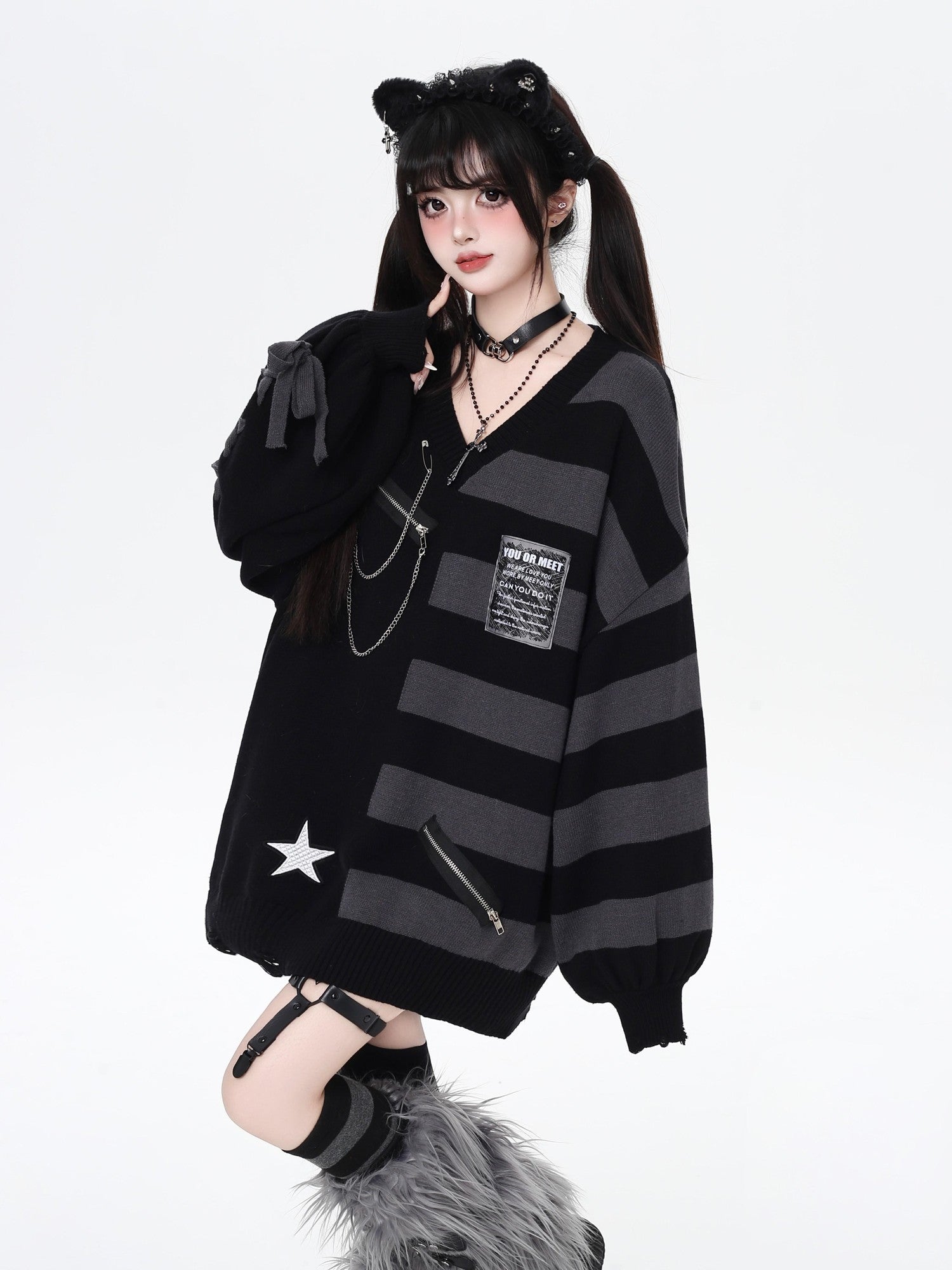 Crazy Girl Colorblock Striped V-neck Lantern Sleeves Women&