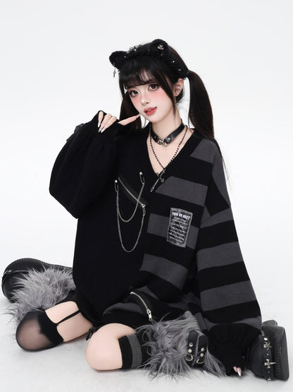 Crazy Girl Colorblock Striped V-neck Lantern Sleeves Women&