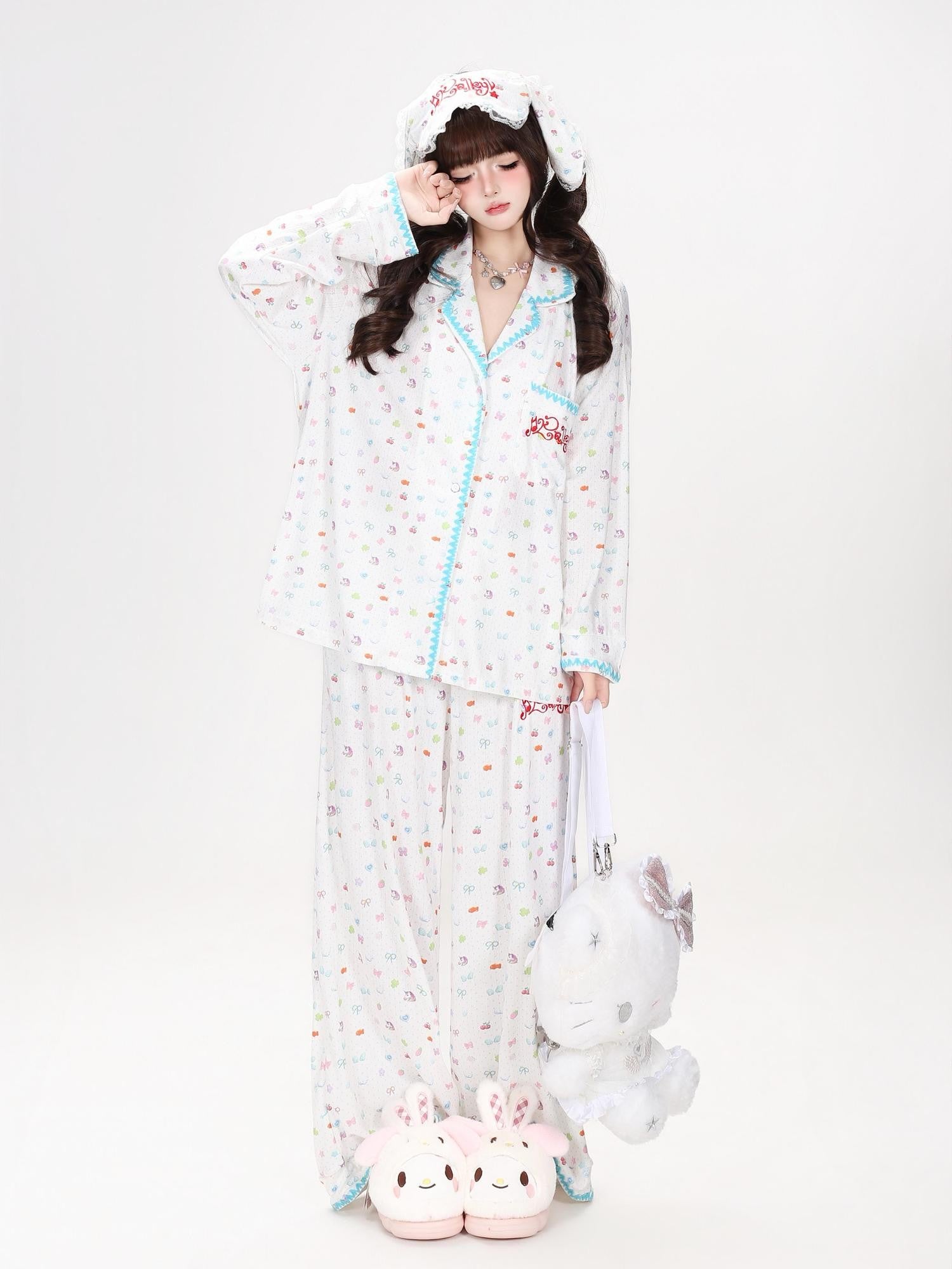 Crazy Girl Colorful Bunny Allover Print Loose Button Women&