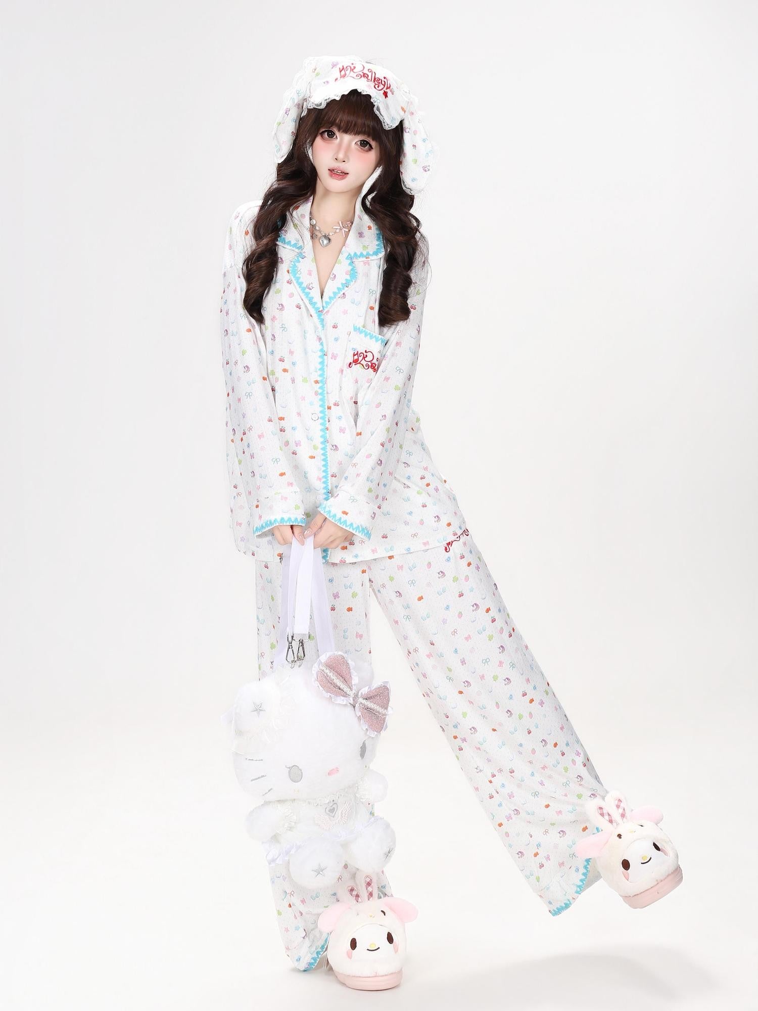 Crazy Girl Colorful Bunny Allover Print Loose Button Women&