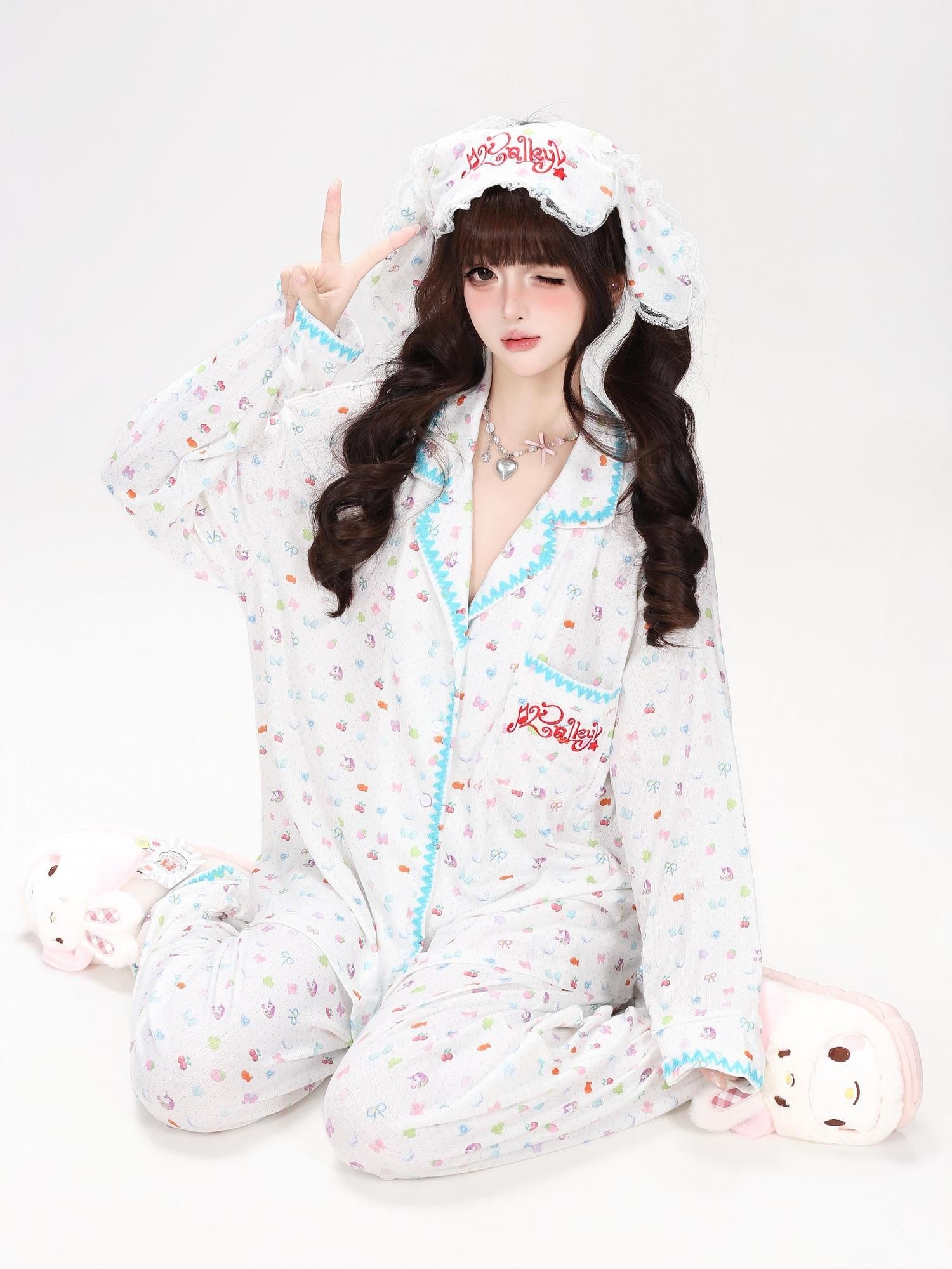 Crazy Girl Colorful Bunny Allover Print Loose Button Women&