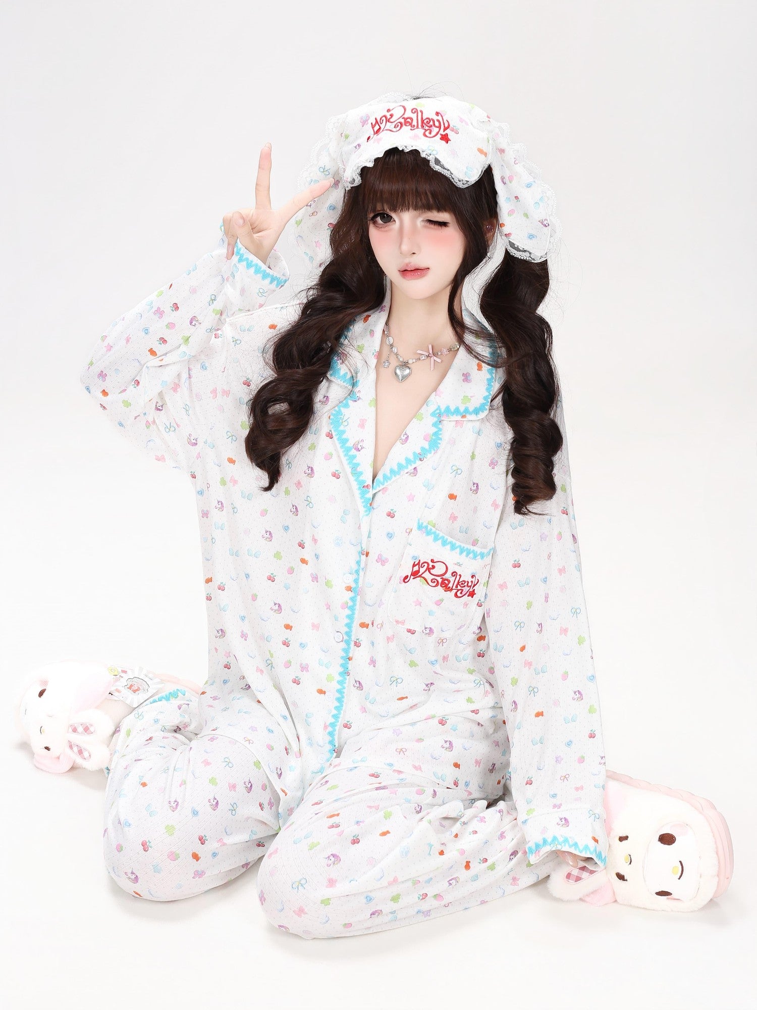 Crazy Girl Colorful Bunny Allover Print Loose Button Women&