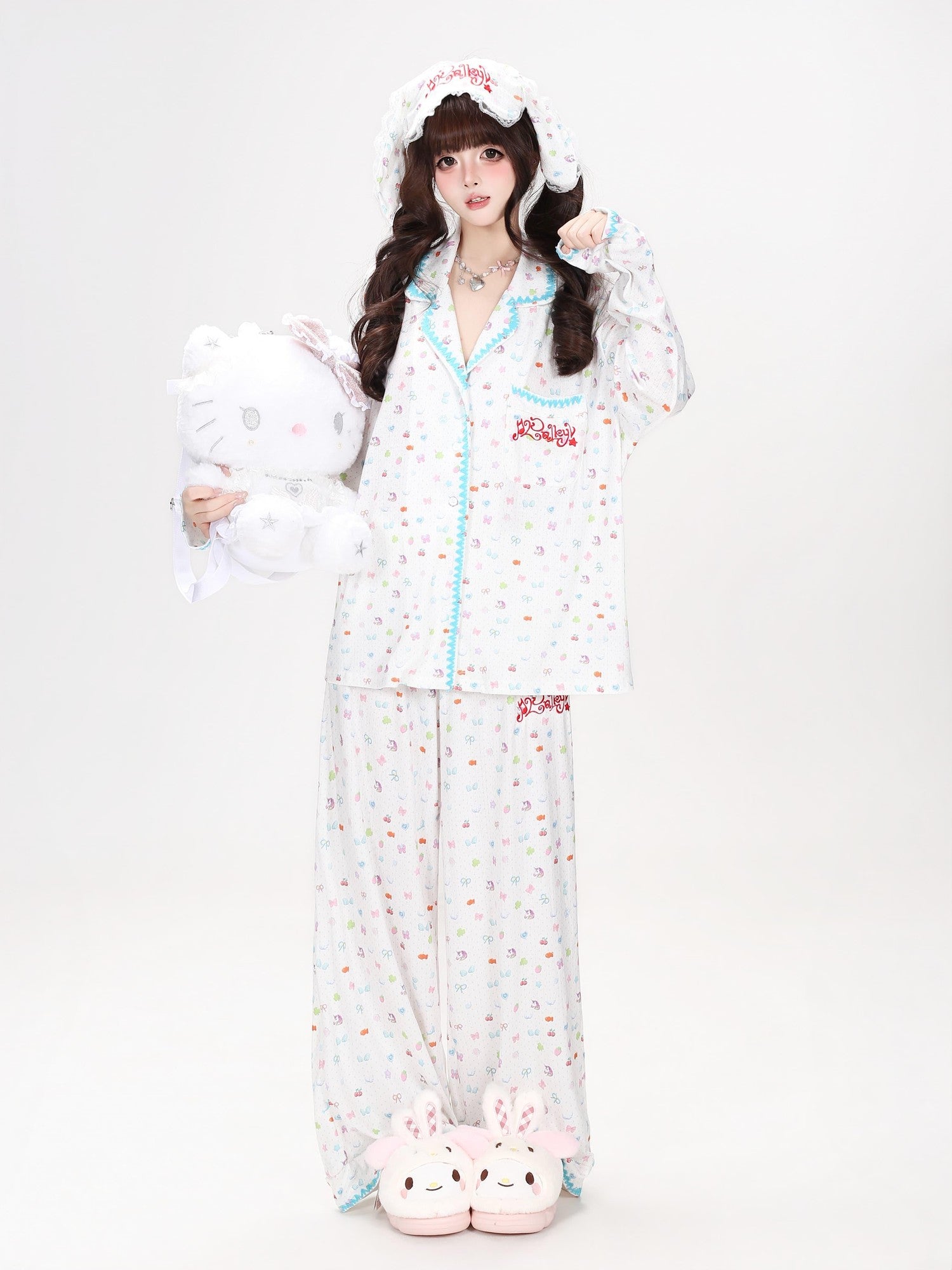 Crazy Girl Colorful Bunny Allover Print Loose Button Women&