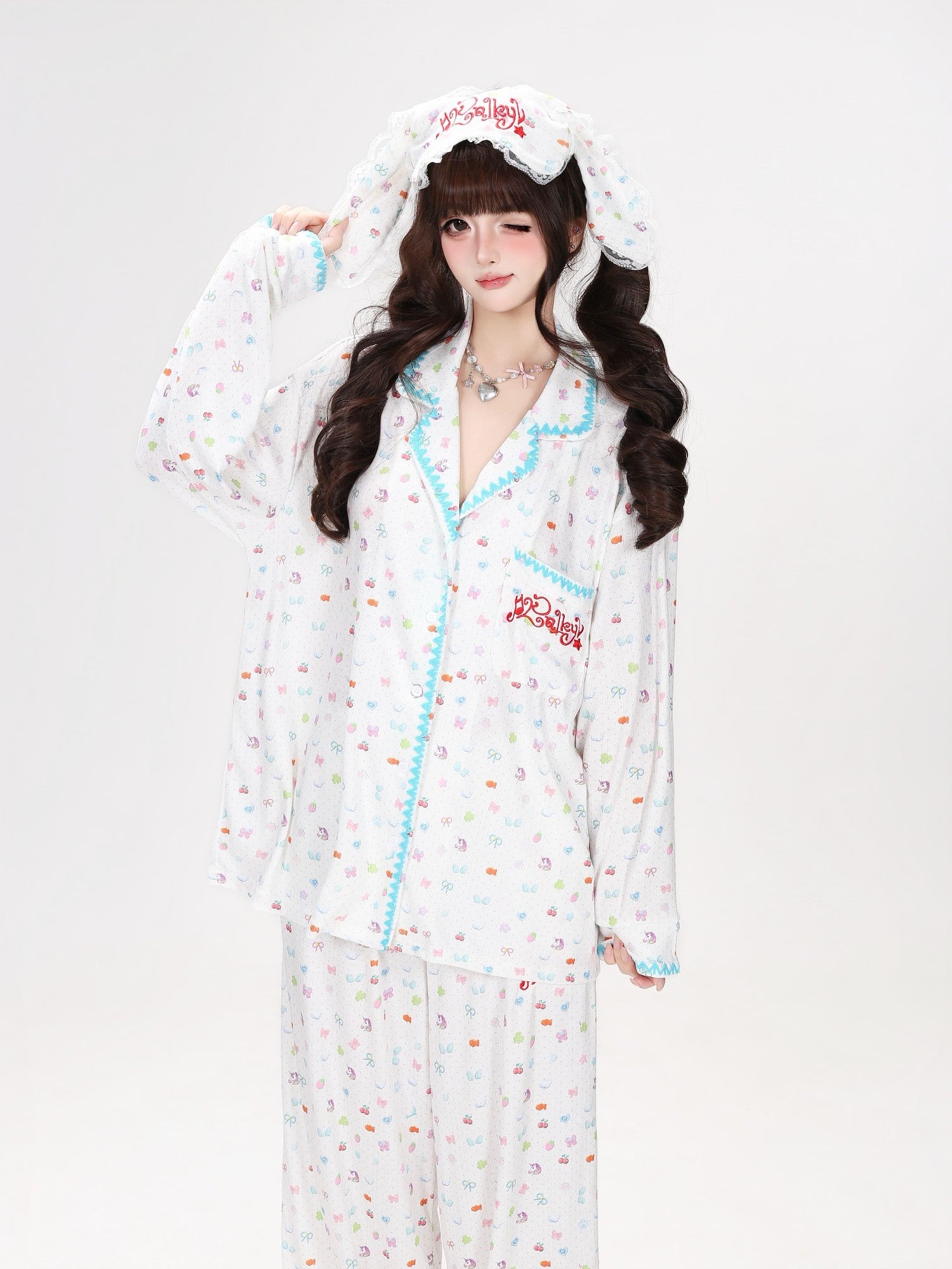 Crazy Girl Colorful Bunny Allover Print Loose Button Women&