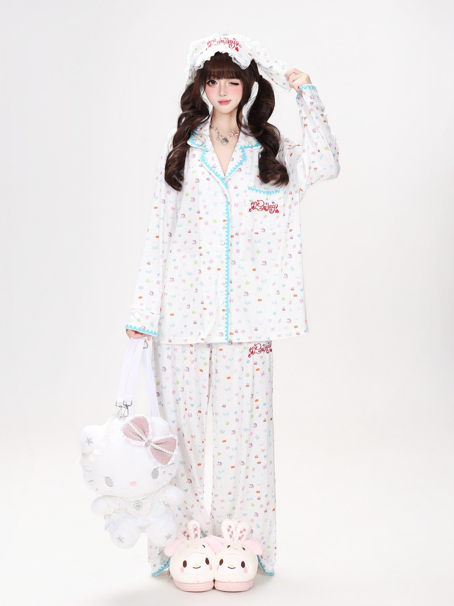 Crazy Girl Colorful Bunny Allover Print Loose Button Women&