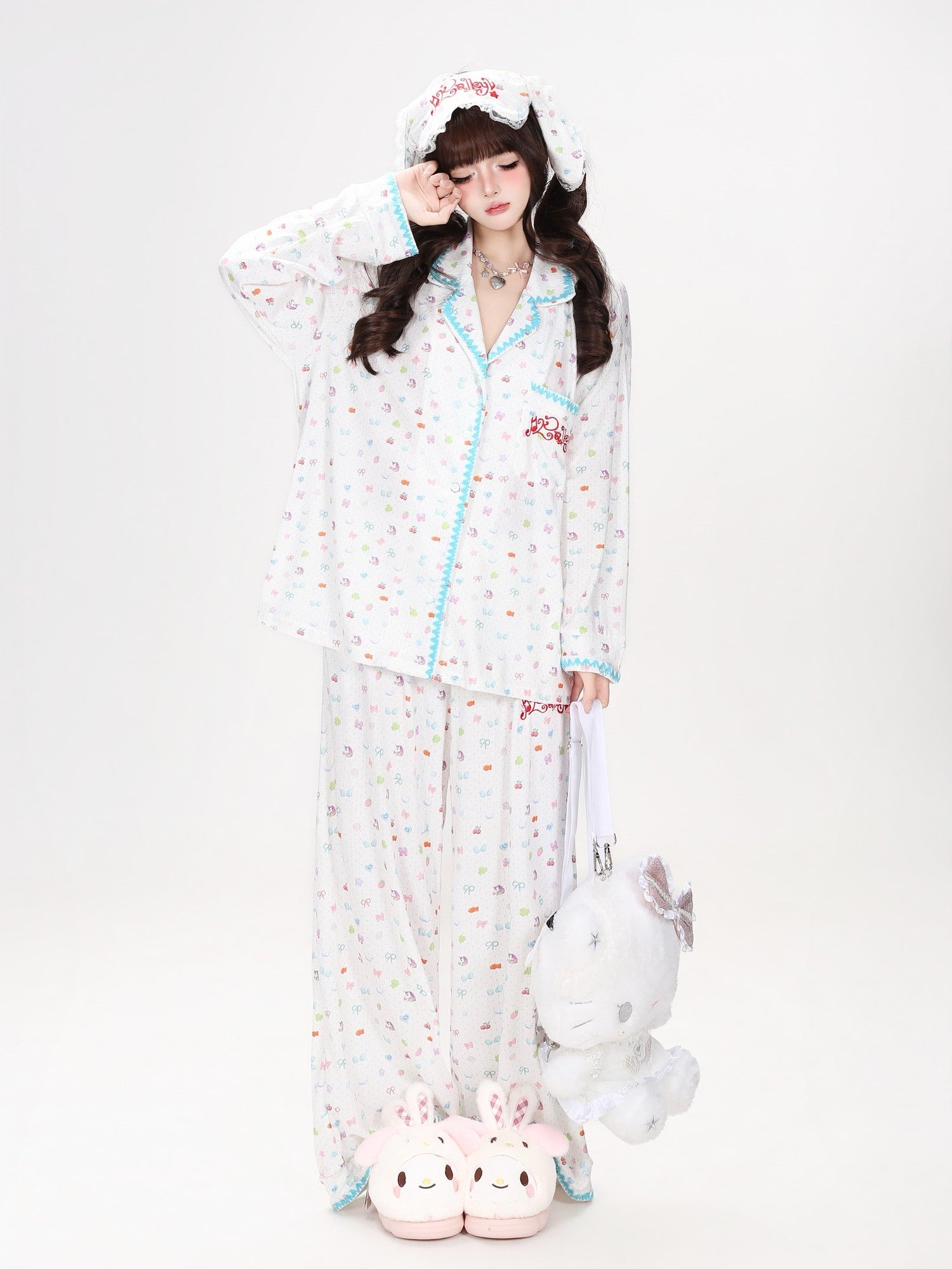 Crazy Girl Colorful Bunny Allover Print Loose Button Women&