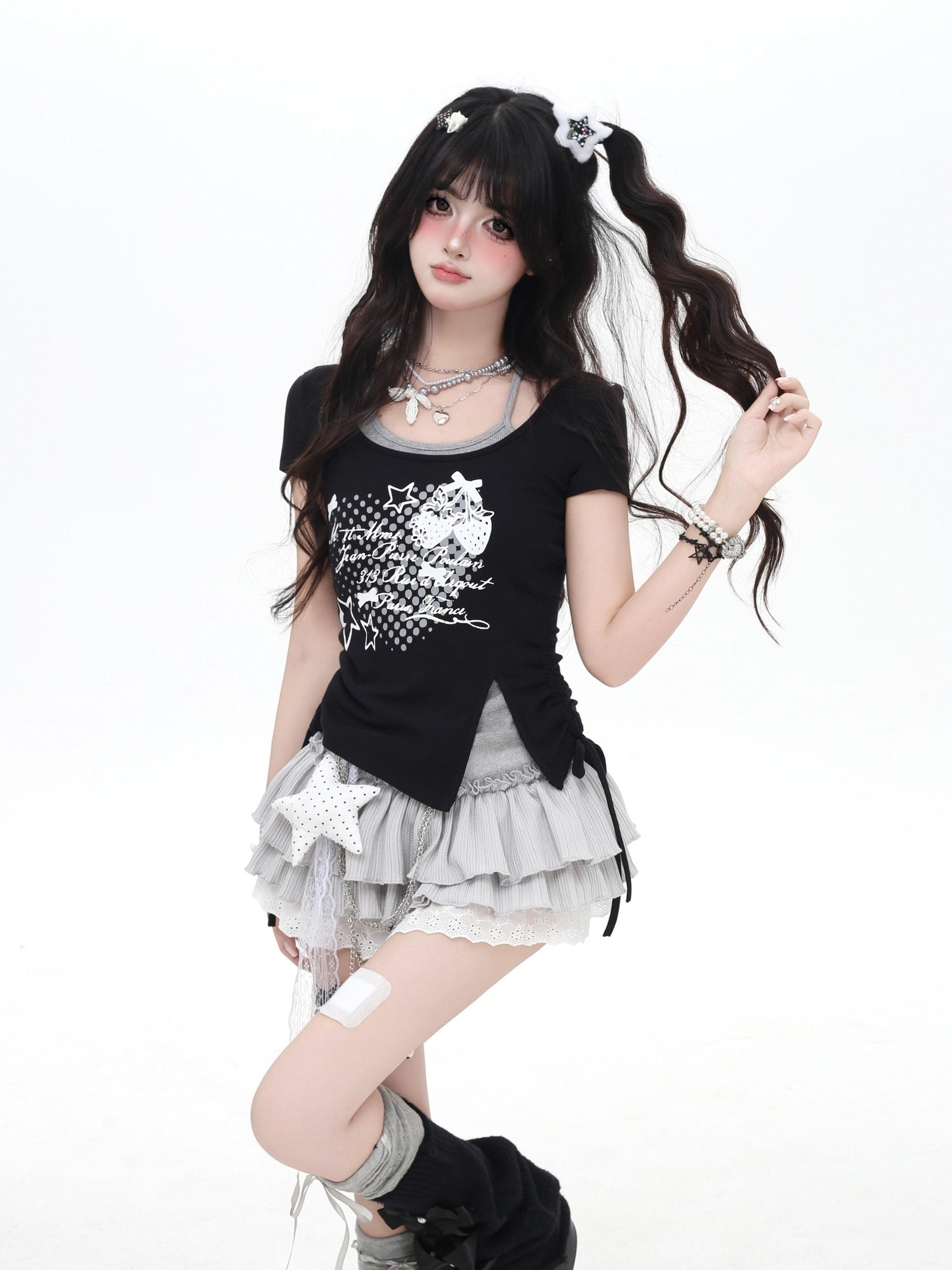 Crazy Girl Cross Print Bow Halter Contrast Faux Two Piece Women&