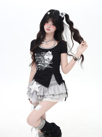 Crazy Girl Cross Print Bow Halter Contrast Faux Two Piece Women&