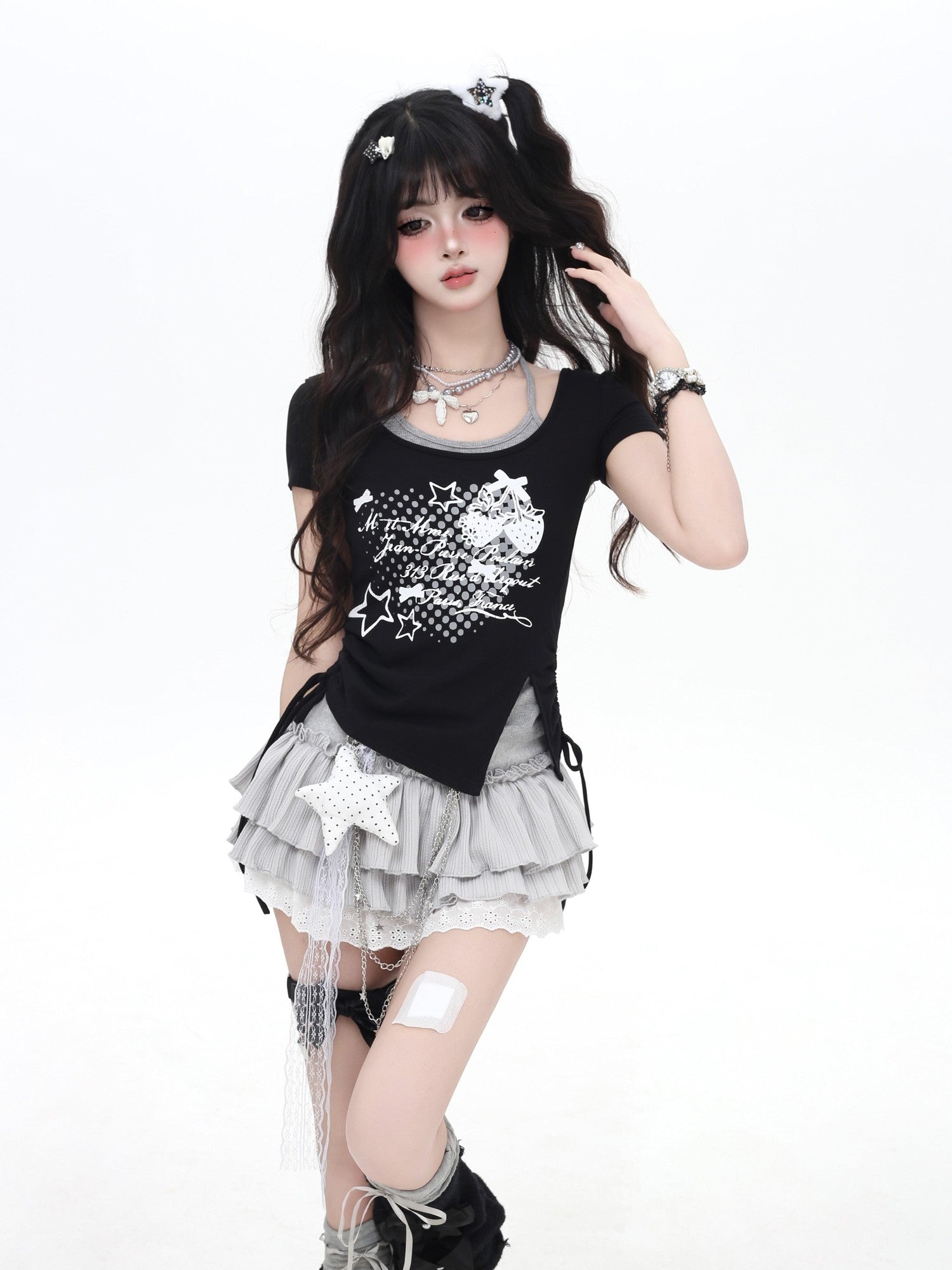 Crazy Girl Cross Print Bow Halter Contrast Faux Two Piece Women&