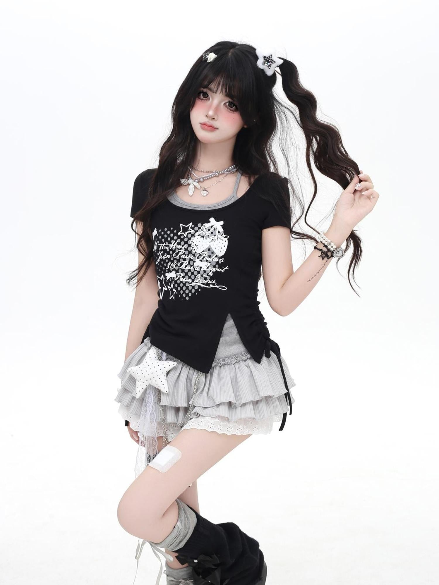 Crazy Girl Cross Print Bow Halter Contrast Faux Two Piece Women&