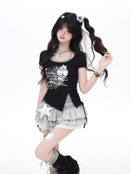 Crazy Girl Cross Print Bow Halter Contrast Faux Two Piece Women&