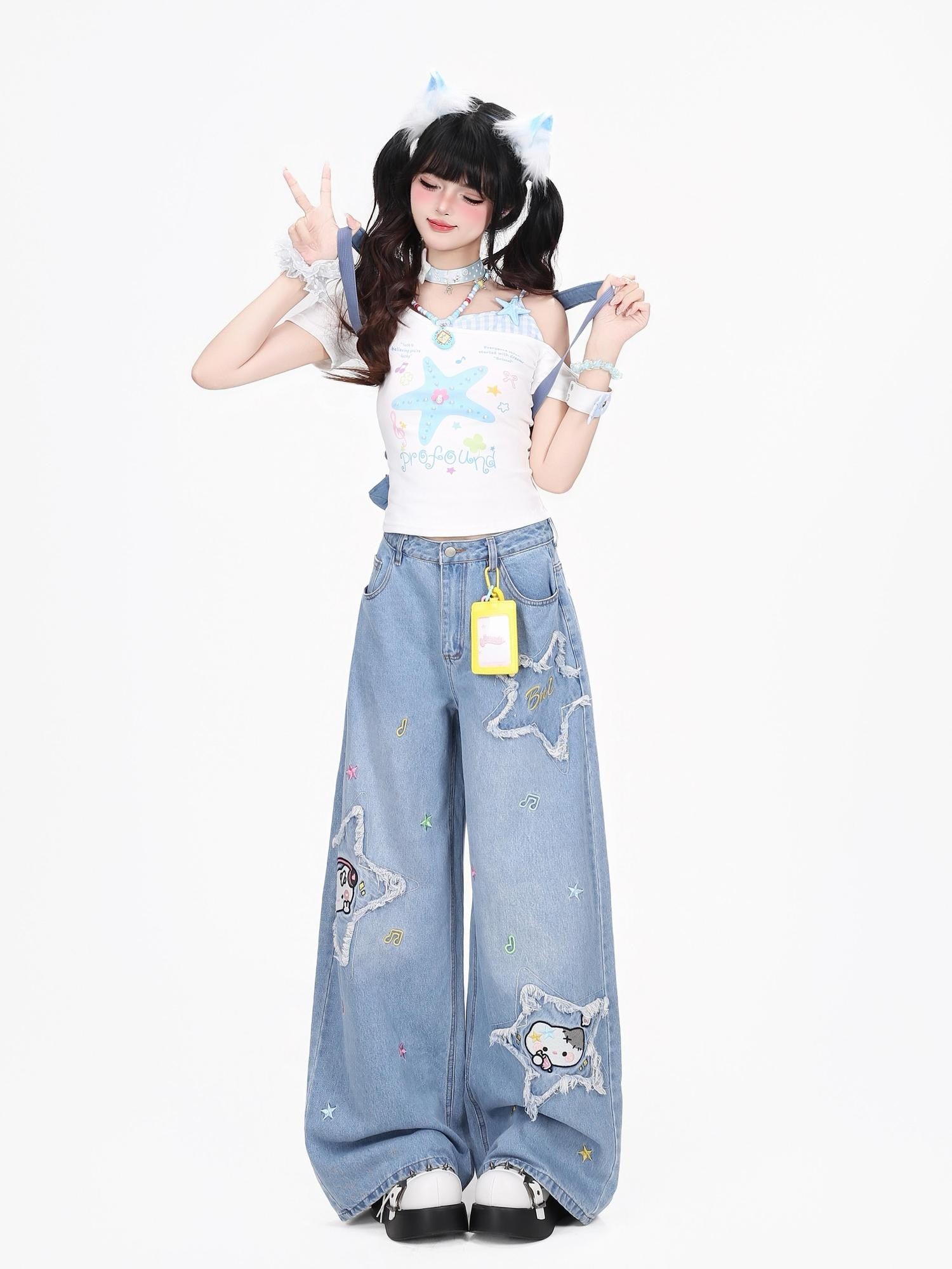 Crazy Girl Cute Cartoon Cat Star Machine Embroidered Frayed High Waist Women&