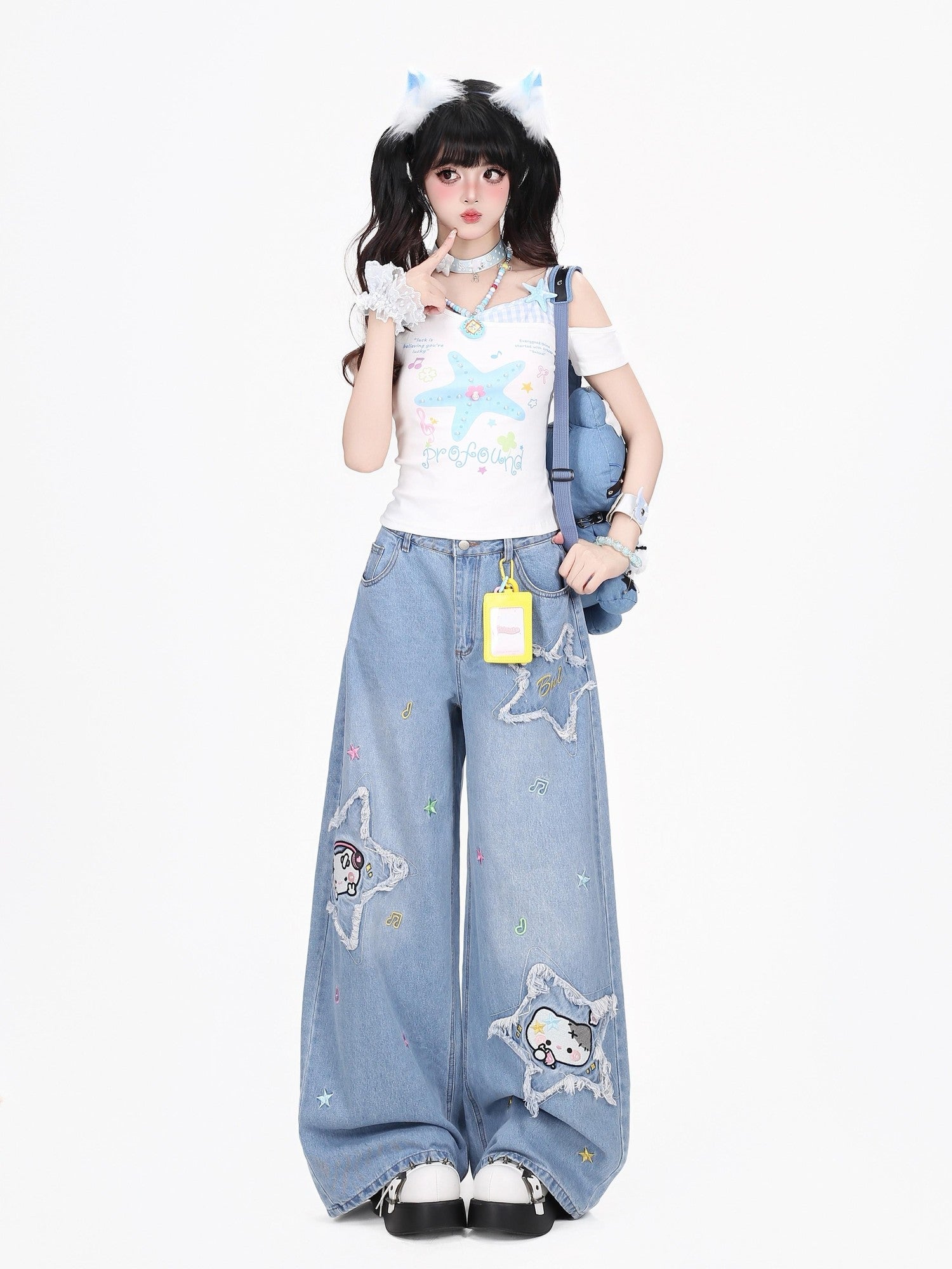 Crazy Girl Cute Cartoon Cat Star Machine Embroidered Frayed High Waist Women&
