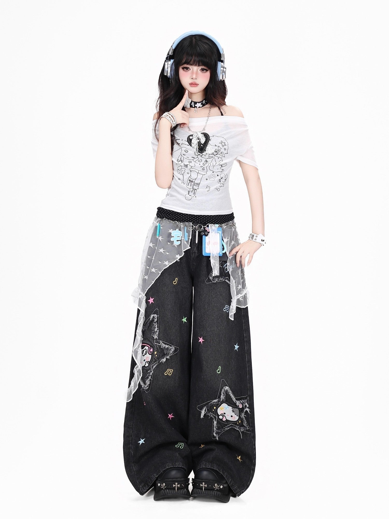 Crazy Girl Cute Cartoon Cat Star Machine Embroidered Frayed High Waist Women&