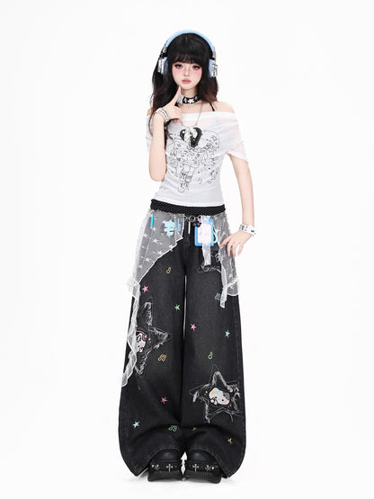 Crazy Girl Cute Cartoon Cat Star Machine Embroidered Frayed High Waist Women&