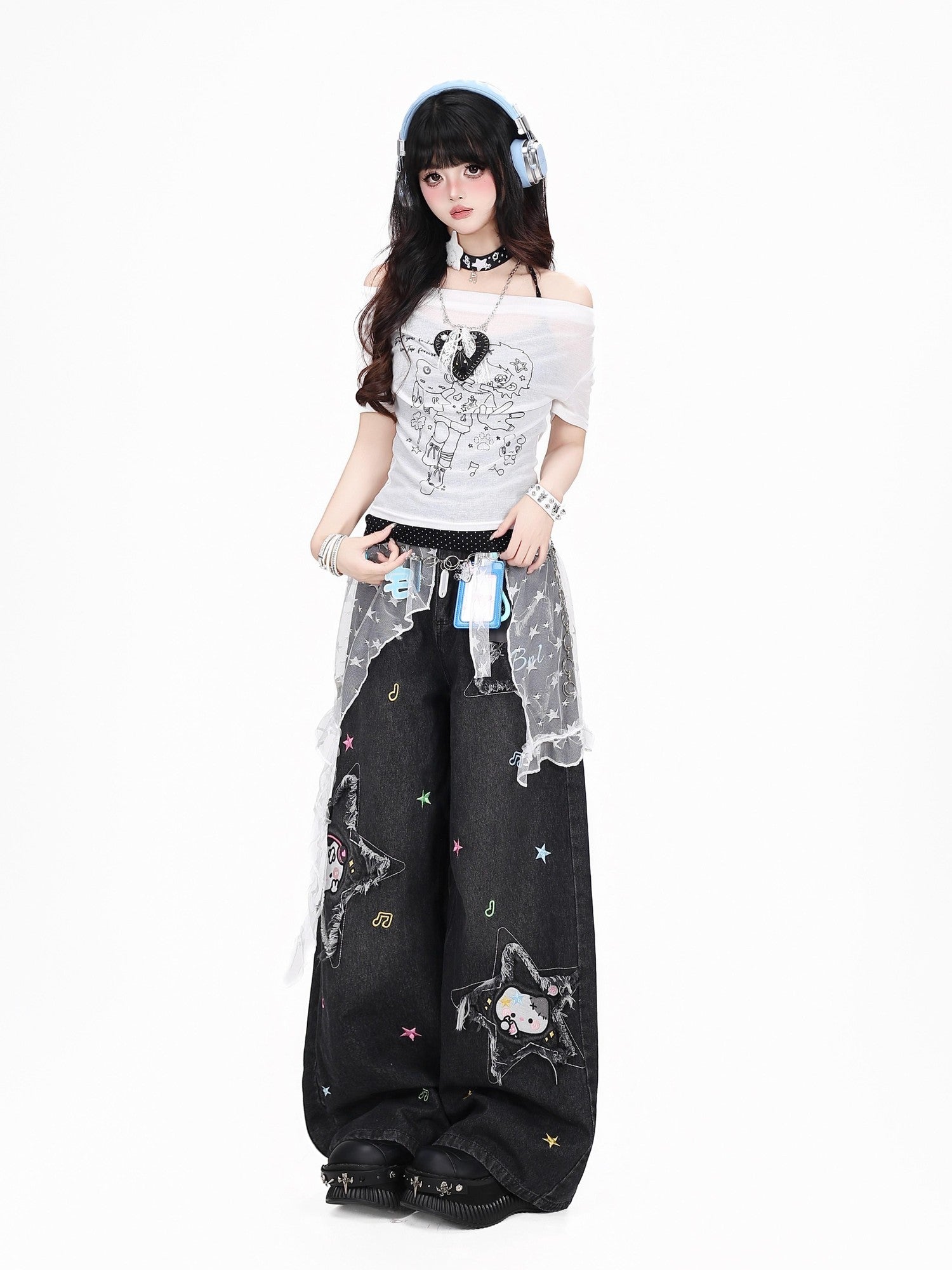 Crazy Girl Cute Cartoon Cat Star Machine Embroidered Frayed High Waist Women&