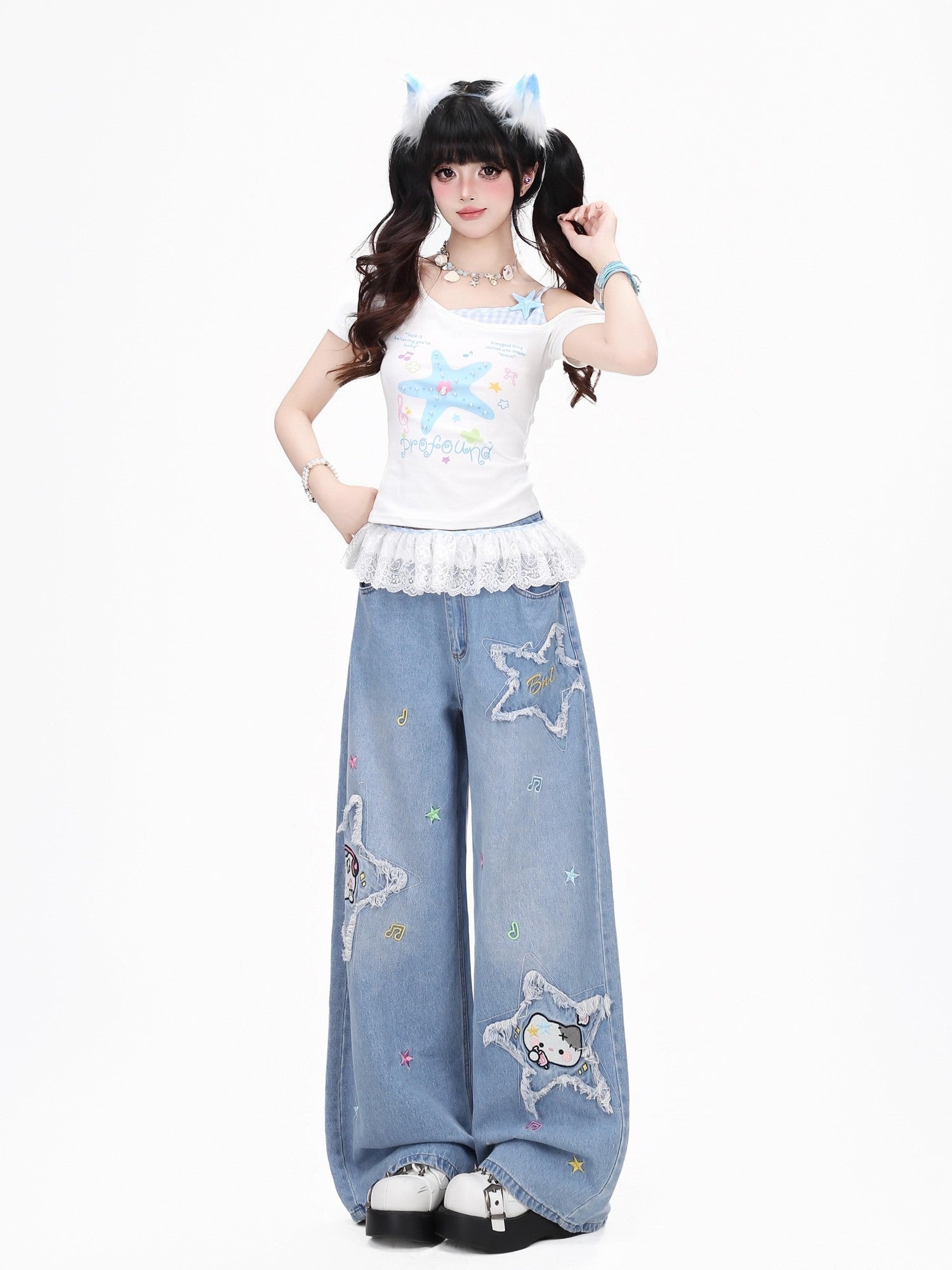 Crazy Girl Cute Cartoon Cat Star Machine Embroidered Frayed High Waist Women&