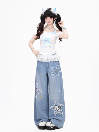 Crazy Girl Cute Cartoon Cat Star Machine Embroidered Frayed High Waist Women&