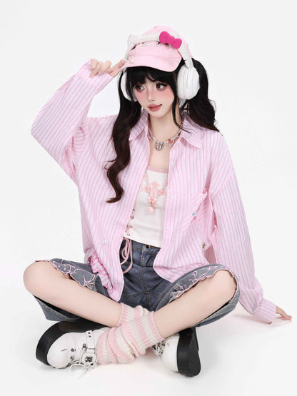 Crazy_Girl_Cute_Cat_Embroidery_Striped_Asymmetric_Hem_Women&