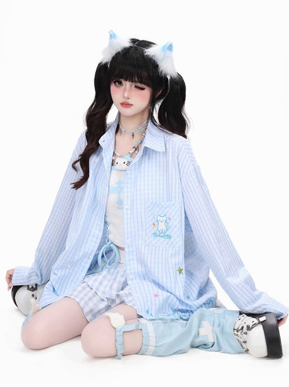 Crazy_Girl_Cute_Cat_Embroidery_Striped_Asymmetric_Hem_Women&