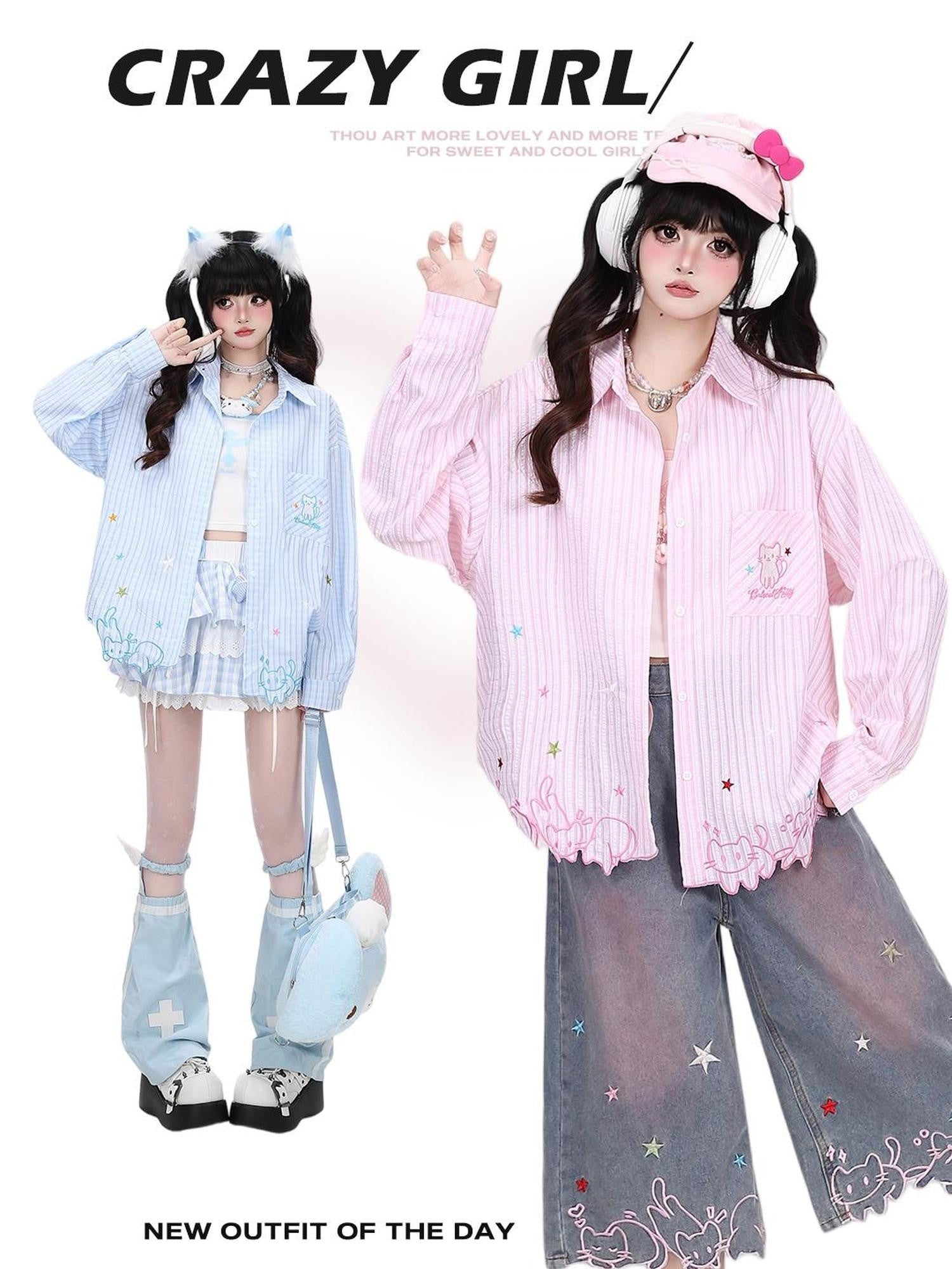 Crazy Girl Cute Cat Embroidery Striped Asymmetric Hem Women&