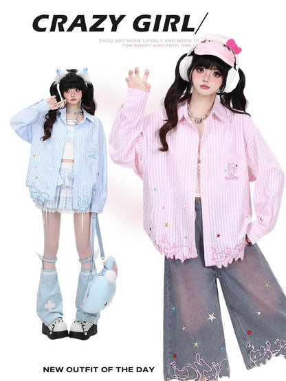 Crazy Girl Cute Cat Embroidery Striped Asymmetric Hem Women&