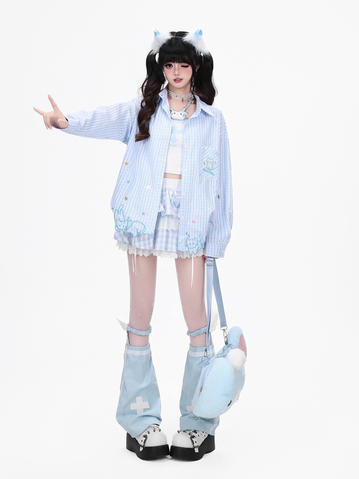 Crazy Girl Cute Cat Embroidery Striped Asymmetric Hem Women&