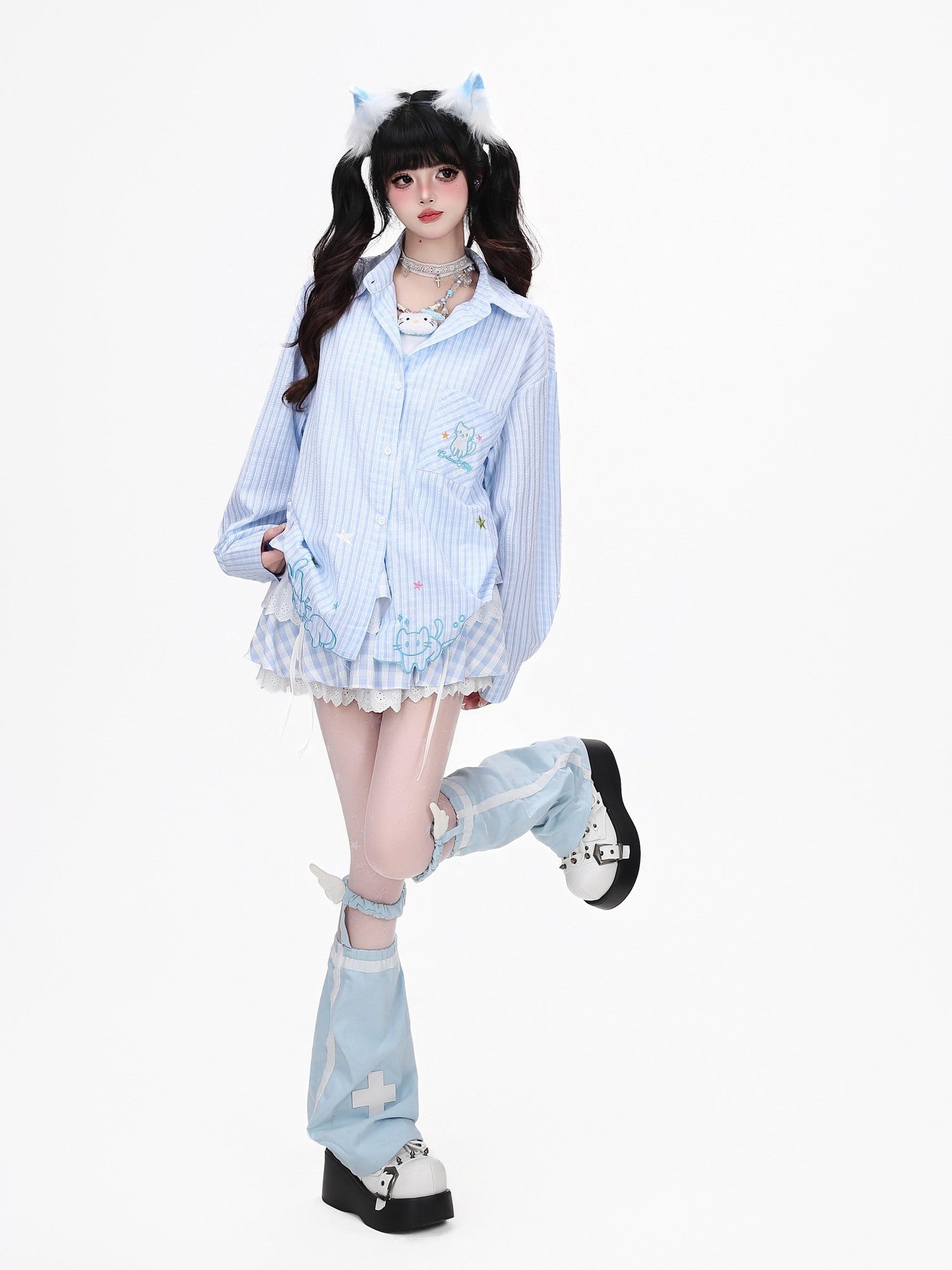 Crazy Girl Cute Cat Embroidery Striped Asymmetric Hem Women&