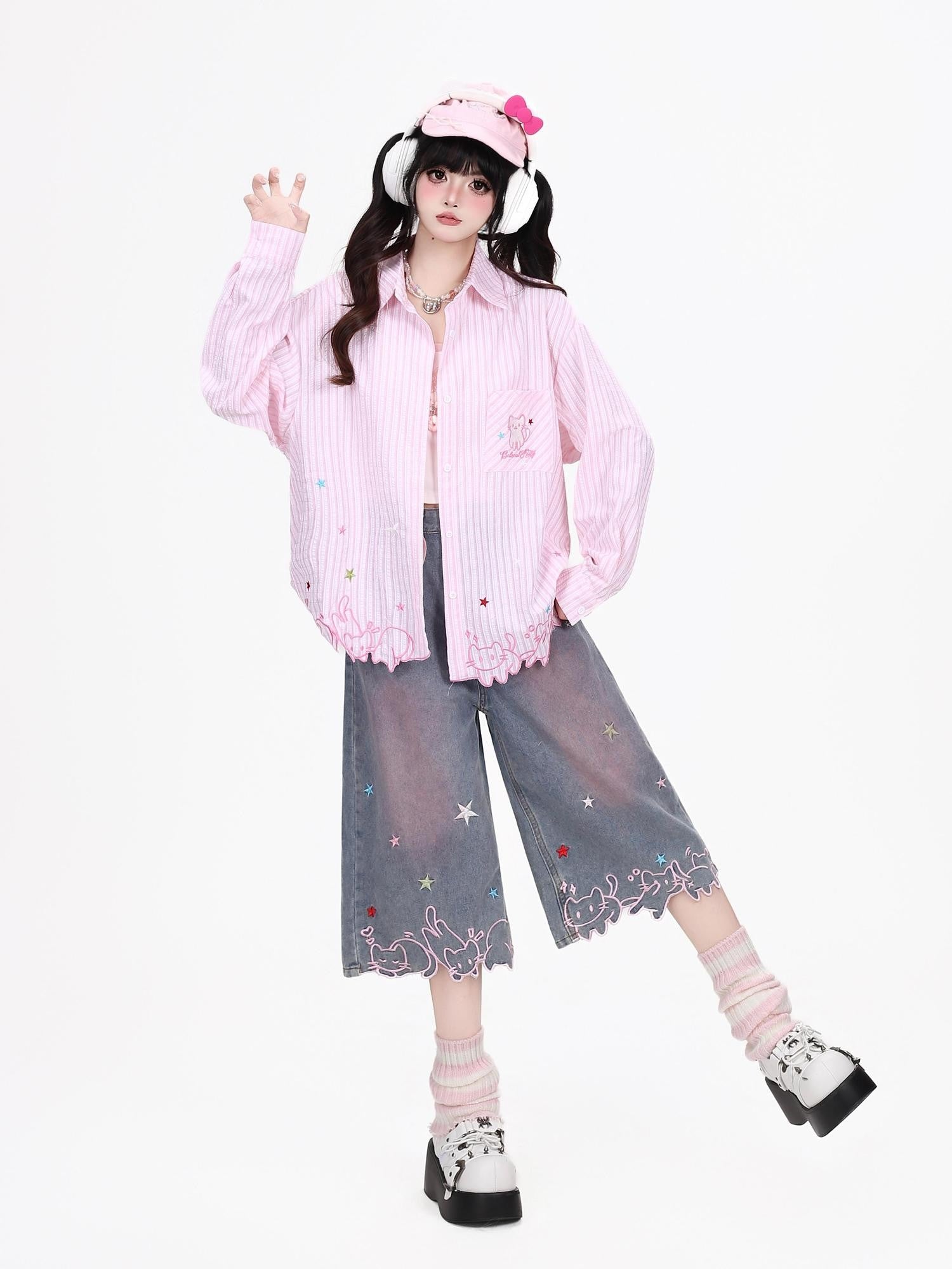 Crazy Girl Cute Cat Embroidery Striped Asymmetric Hem Women&