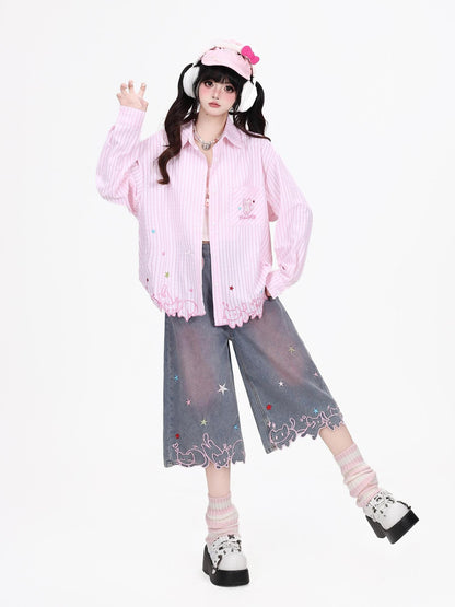 Crazy Girl Cute Cat Embroidery Striped Asymmetric Hem Women&