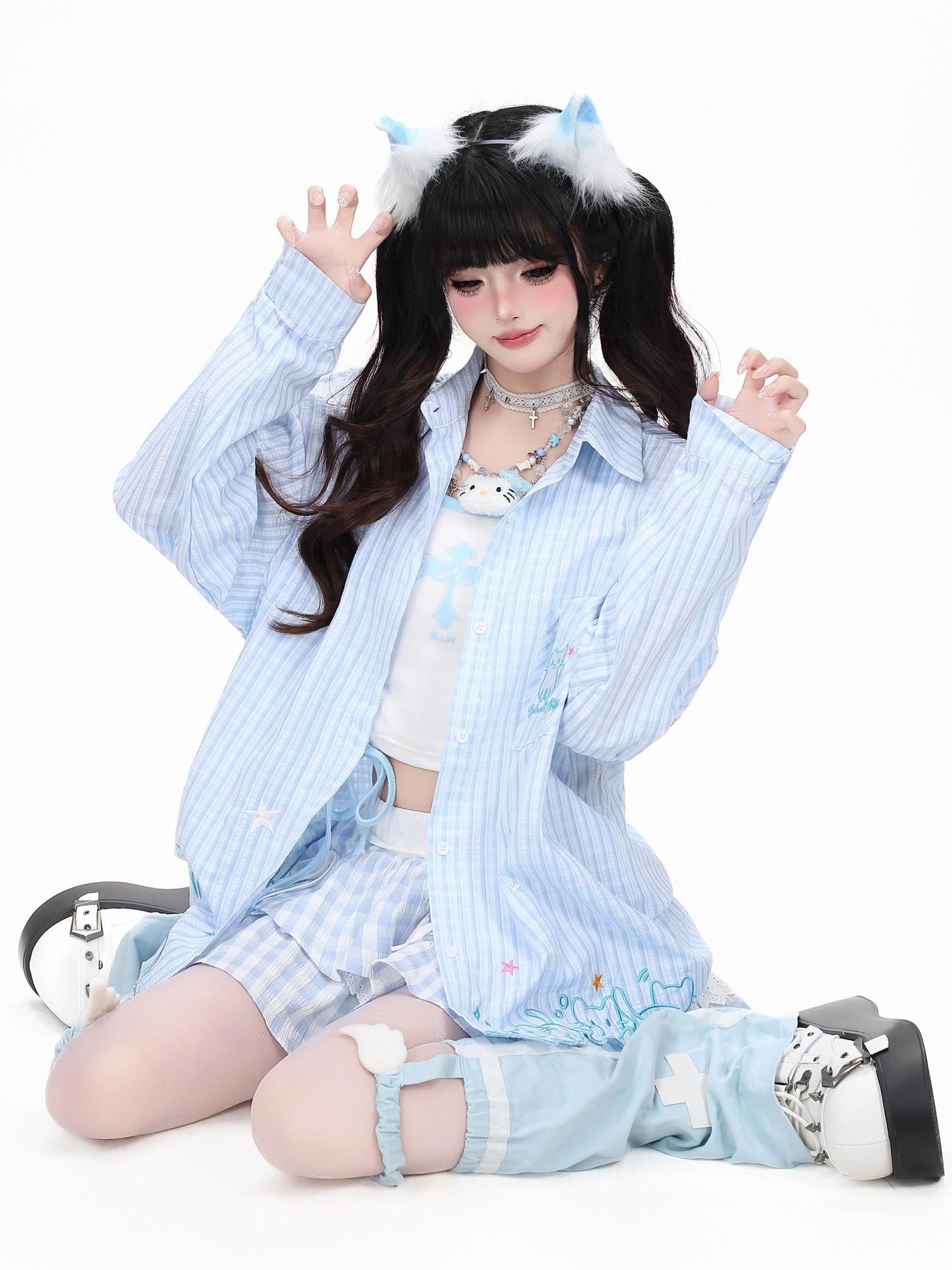 Crazy Girl Cute Cat Embroidery Striped Asymmetric Hem Women&