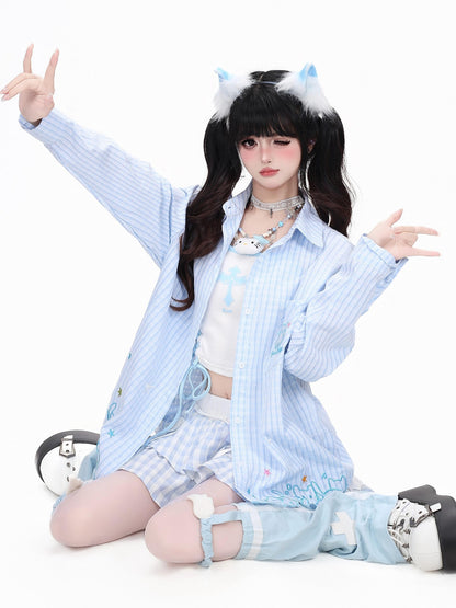 Crazy Girl Cute Cat Embroidery Striped Asymmetric Hem Women&
