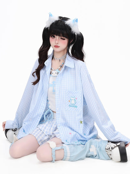 Crazy Girl Cute Cat Embroidery Striped Asymmetric Hem Women&