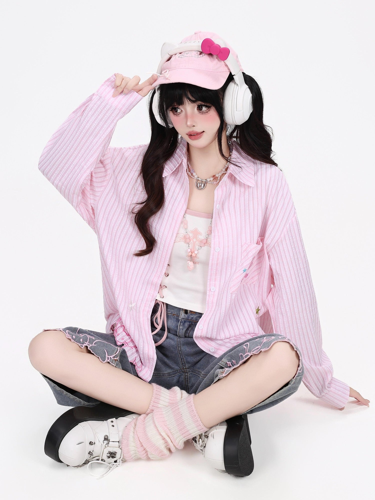 Crazy Girl Cute Cat Embroidery Striped Asymmetric Hem Women&