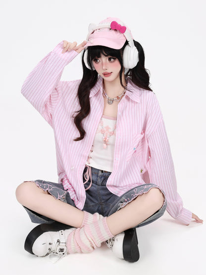Crazy Girl Cute Cat Embroidery Striped Asymmetric Hem Women&
