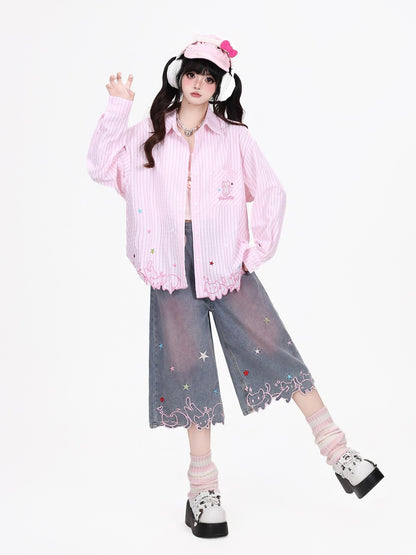 Crazy Girl Cute Cat Embroidery Striped Asymmetric Hem Women&
