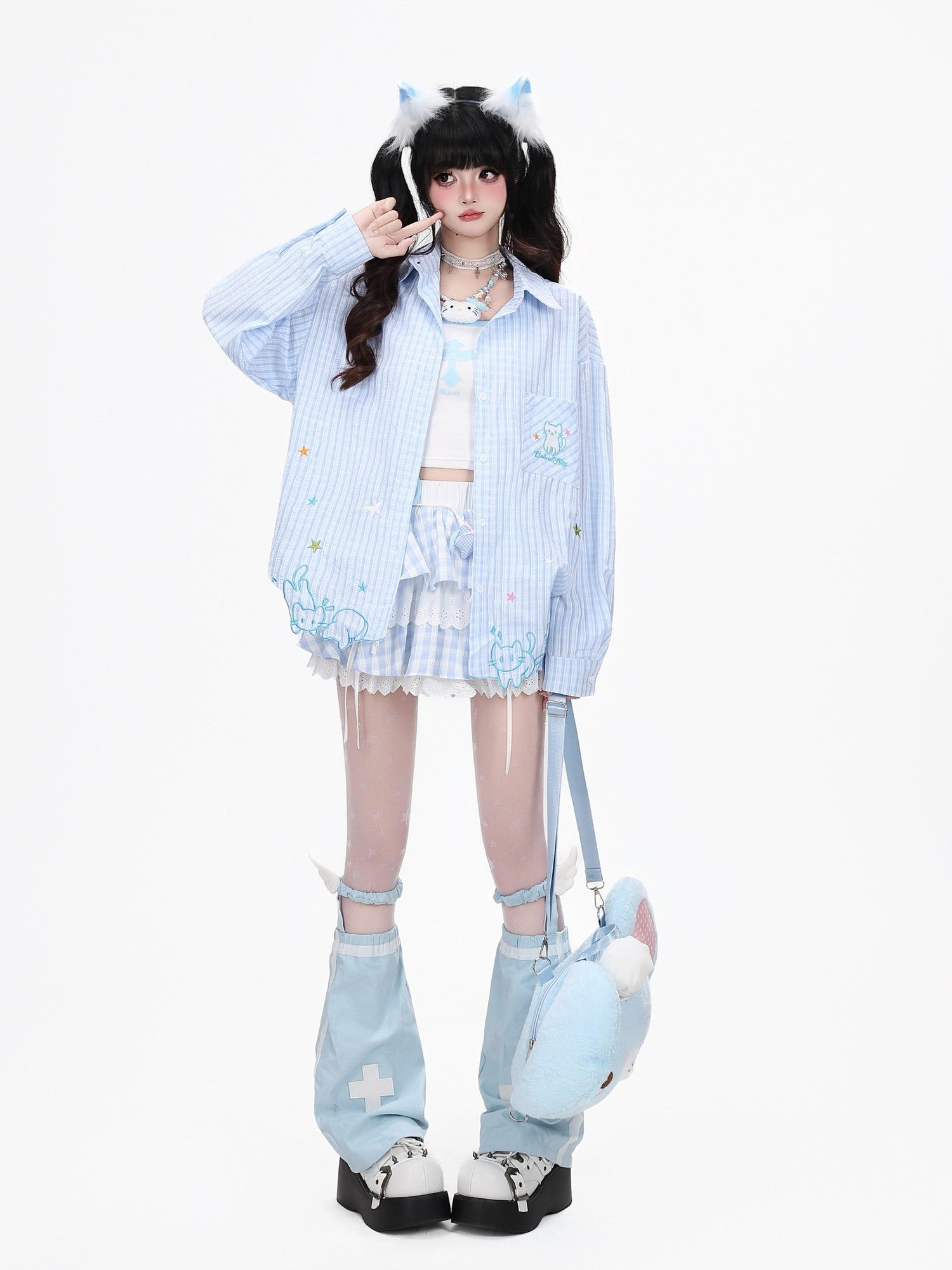 Crazy Girl Cute Cat Embroidery Striped Asymmetric Hem Women&